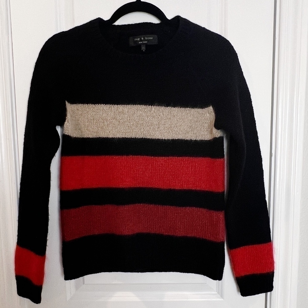 Rag & Bone Striped Sweater  Wool Mohair Black Cream Red SZ XS